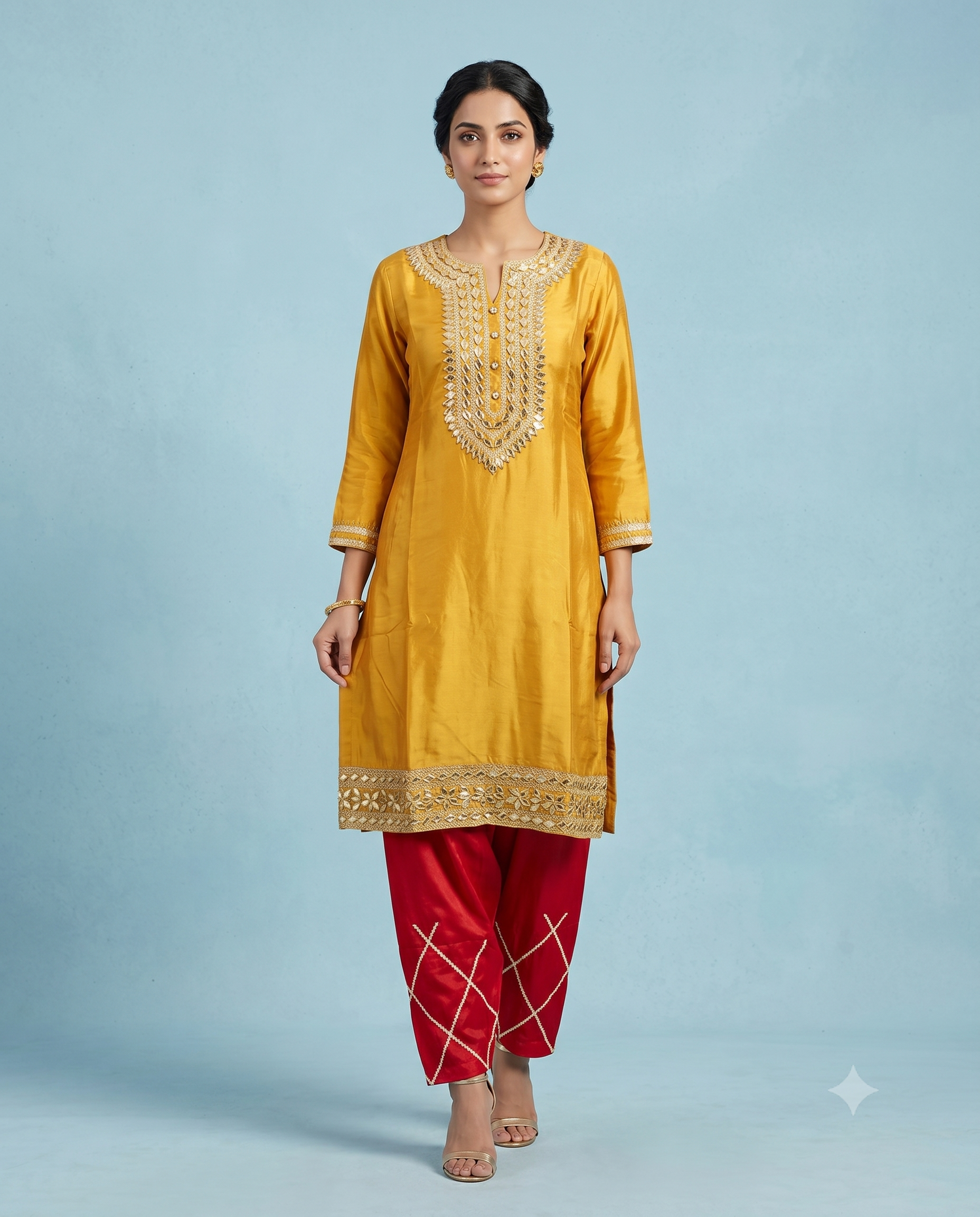 Mustard Gota Patti Raw Silk Pant Set