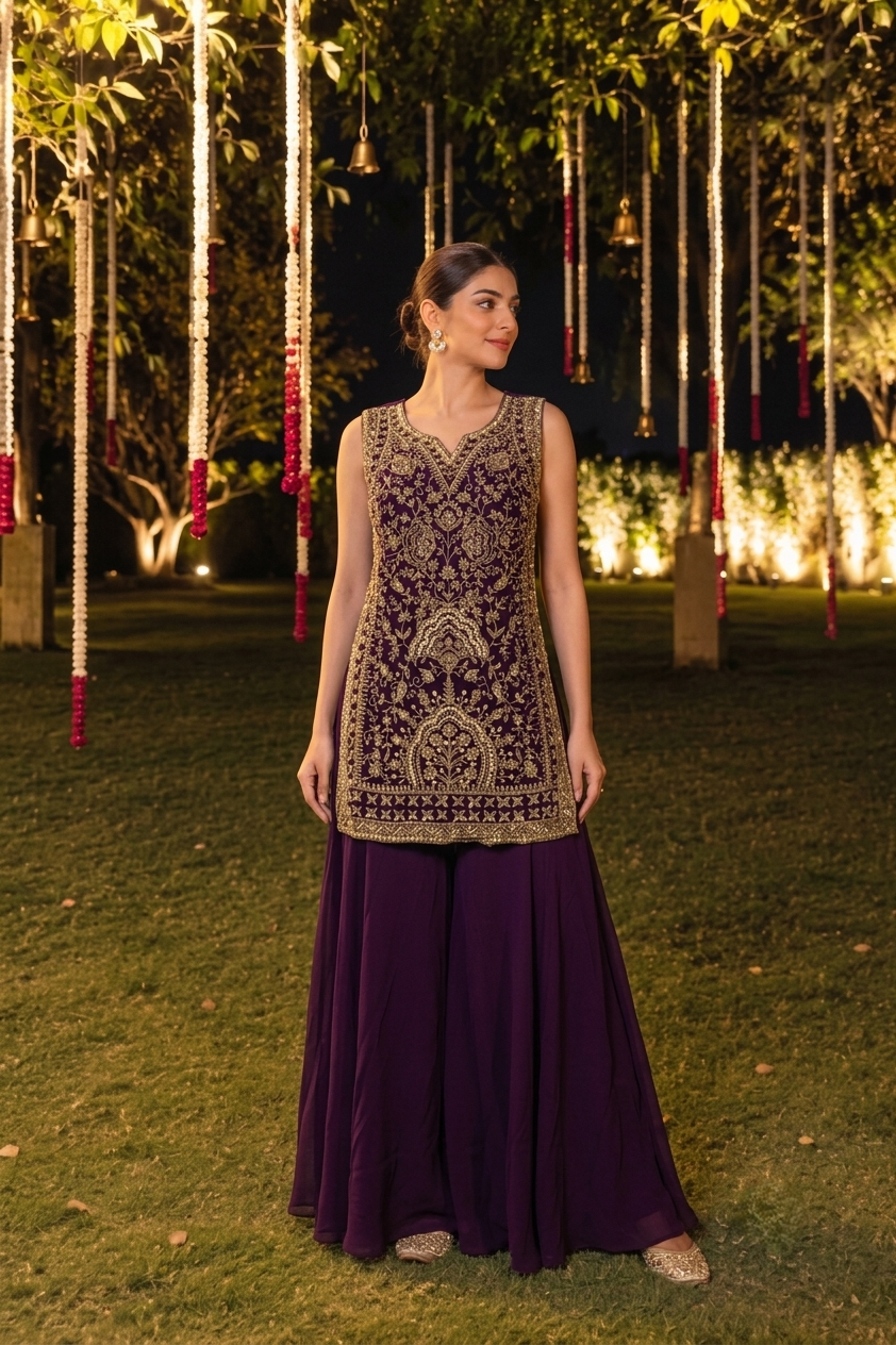 Deep Plum Purple Embellished Georgette Silk Palazzo Set