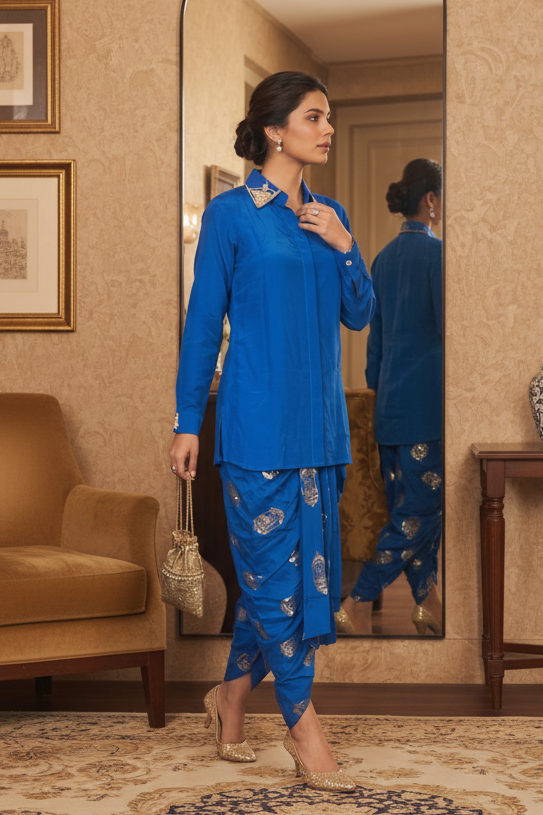 Royal Blue Embellished Crepe Silk Skirt Set