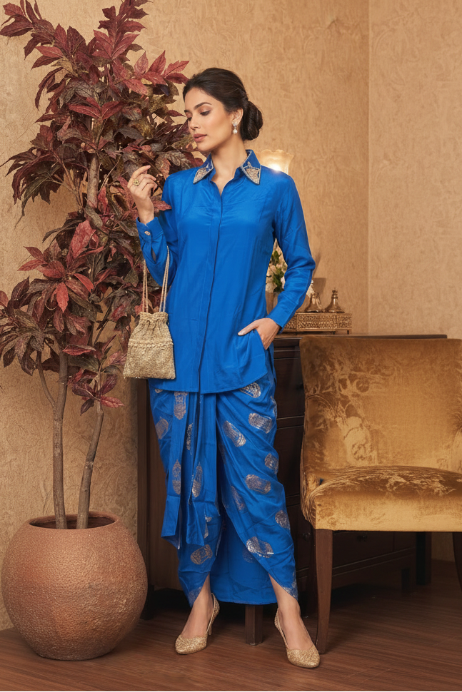 Royal Blue Embellished Crepe Silk Skirt Set