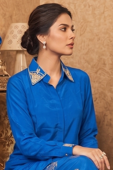 Royal Blue Embellished Crepe Silk Skirt Set