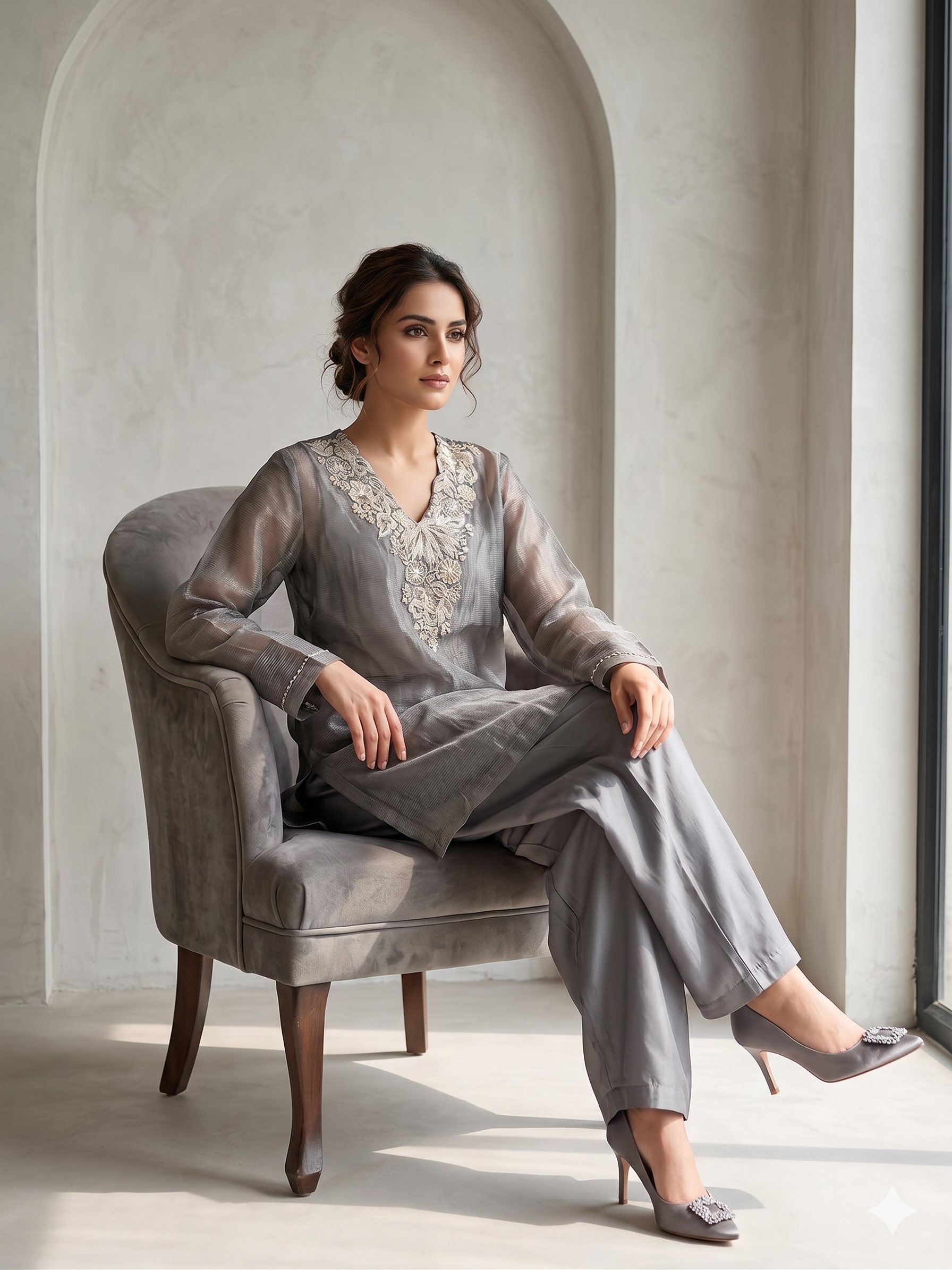 Metallic Silver Grey Shimmer Tissue Silk Co-Ord Set