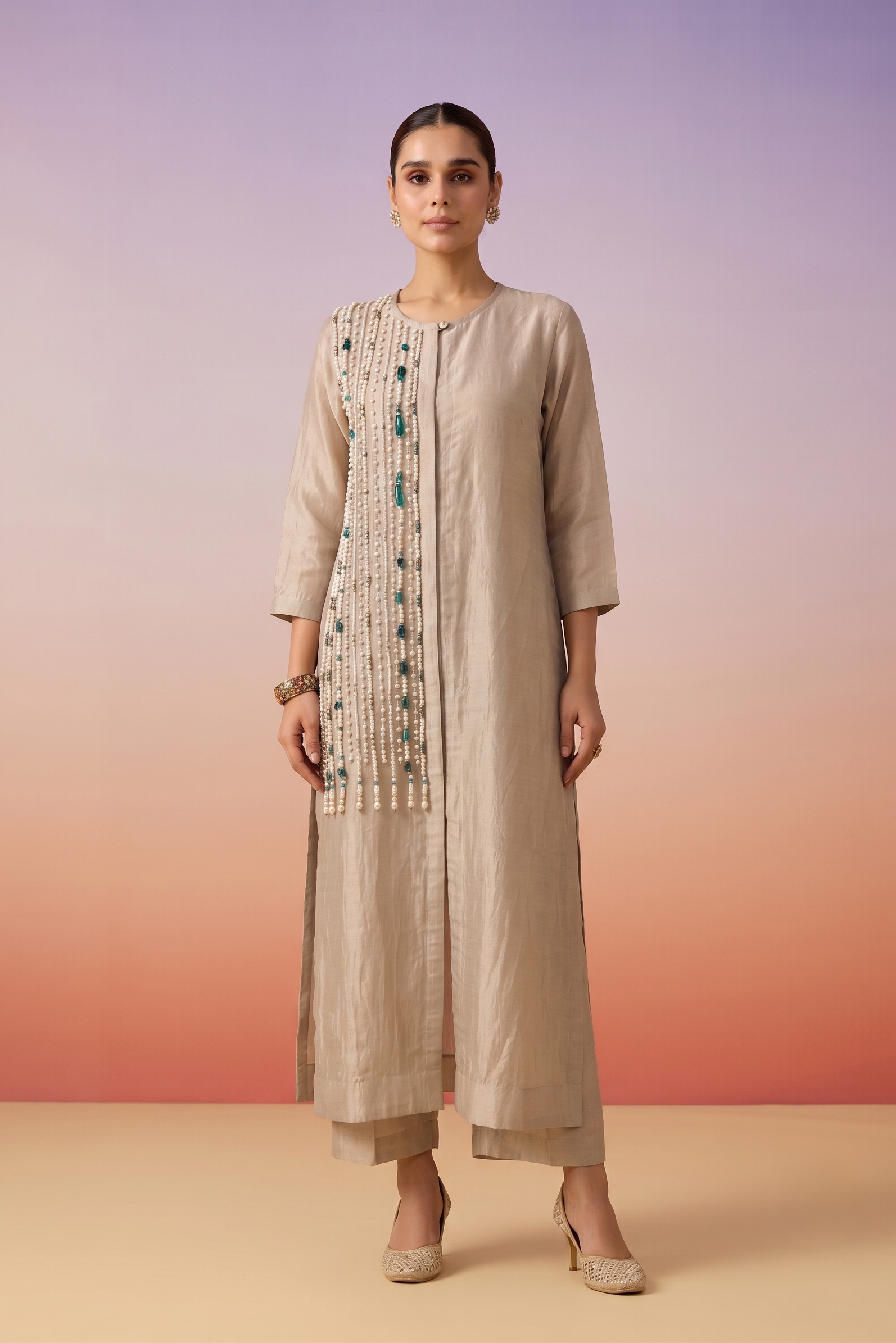 Silver Beige Embellished Shimmer Tissue Silk Co-ord Set
