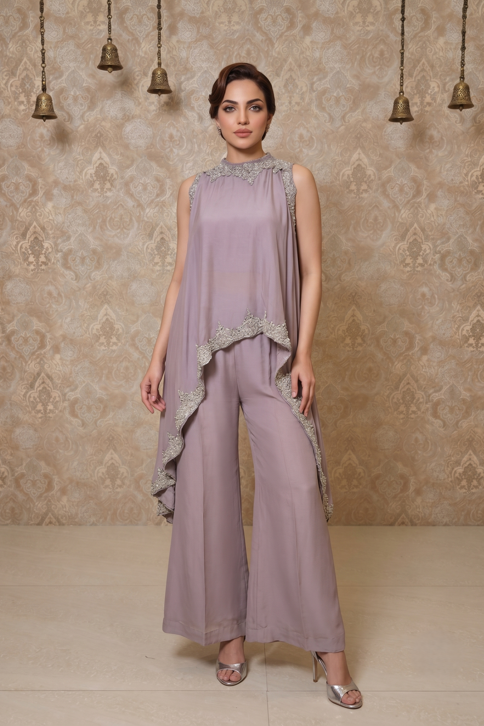 Lilac Mauve Embellished Chinon Silk Palazzo Set