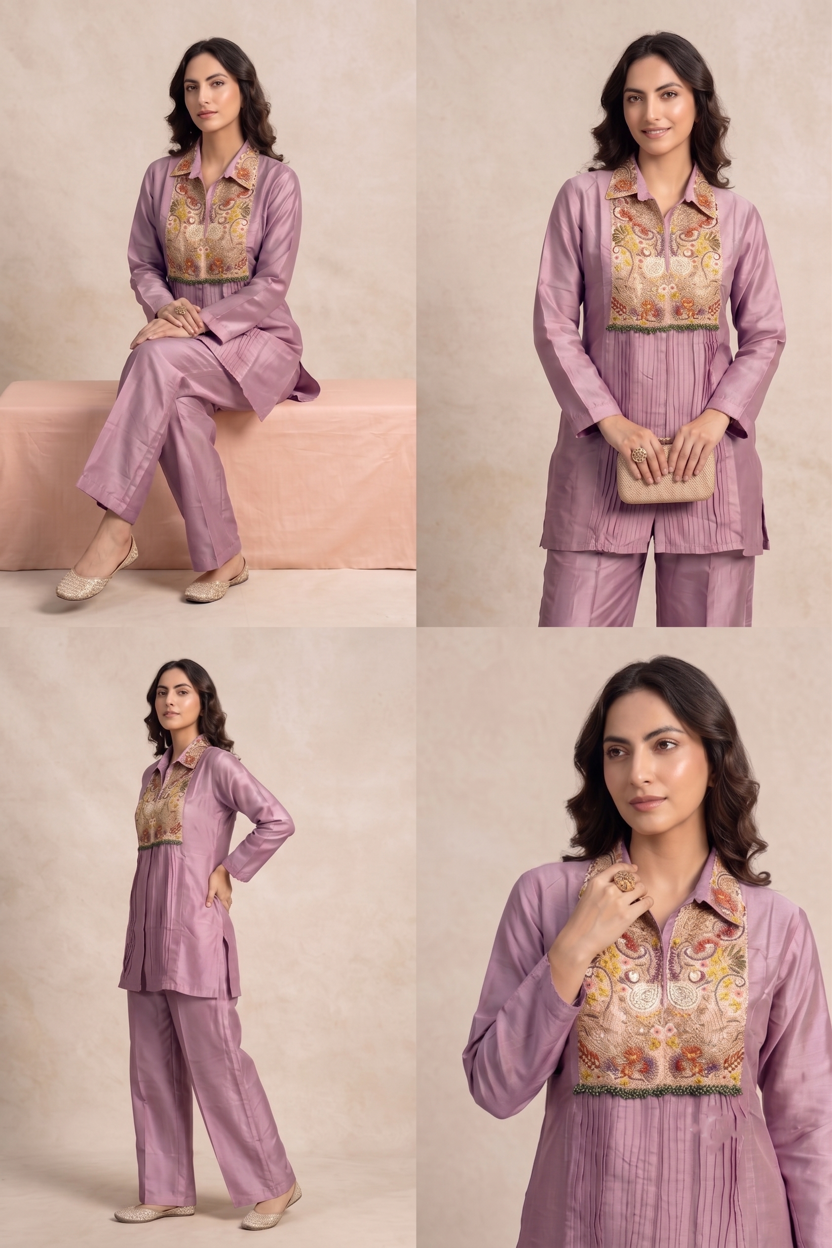 Pastel Mauve Embellished Crepe Silk Palazzo Set