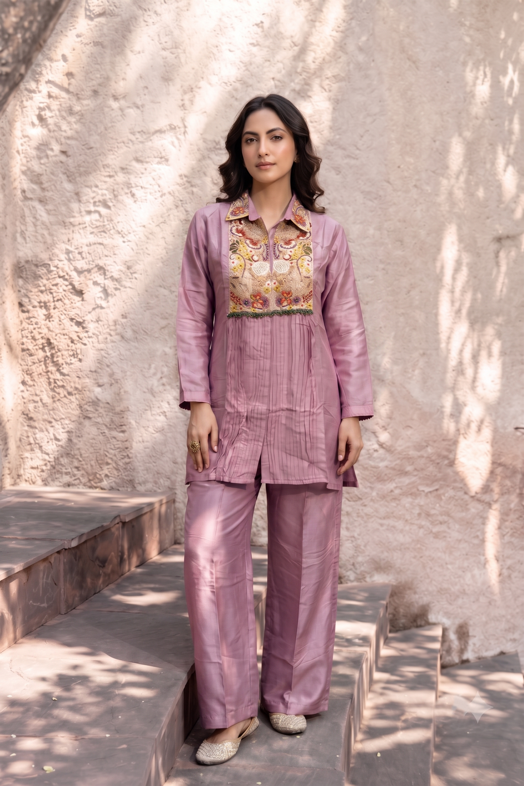 Pastel Mauve Embellished Crepe Silk Palazzo Set