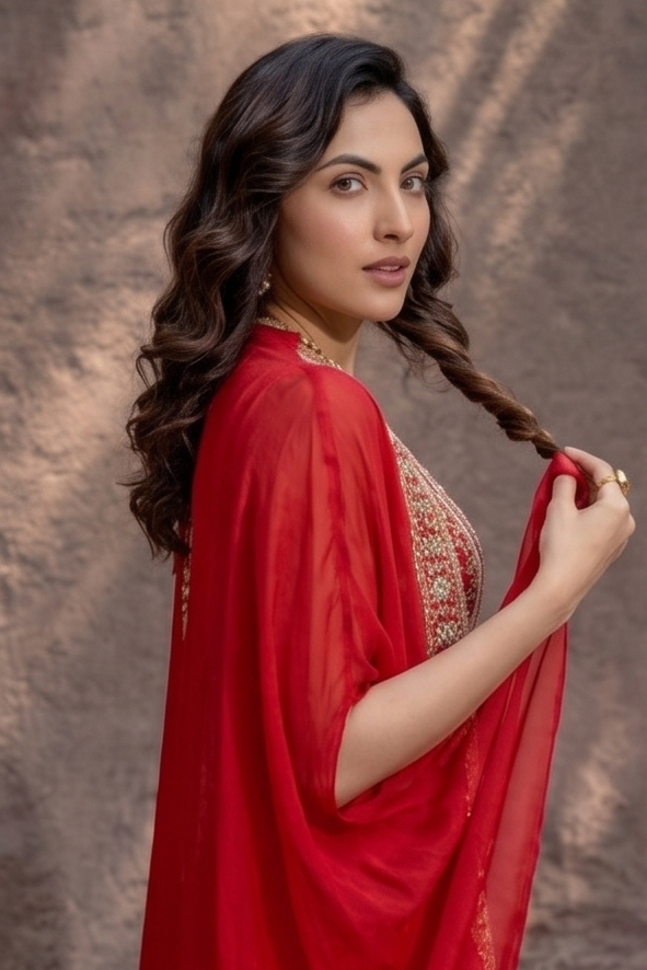 Royal Crimson Embellished Chinon Silk Cape Set