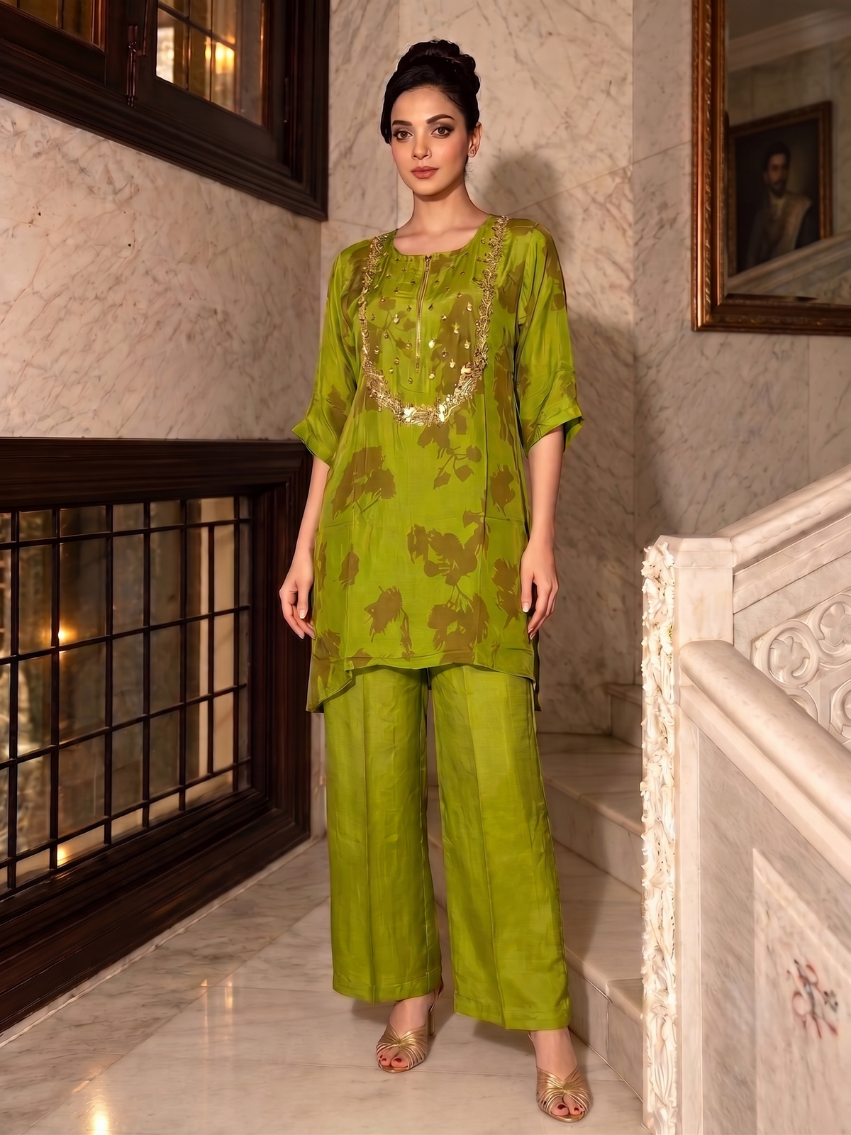 Olive Green Embellished Crepe Silk Co-Ord Set