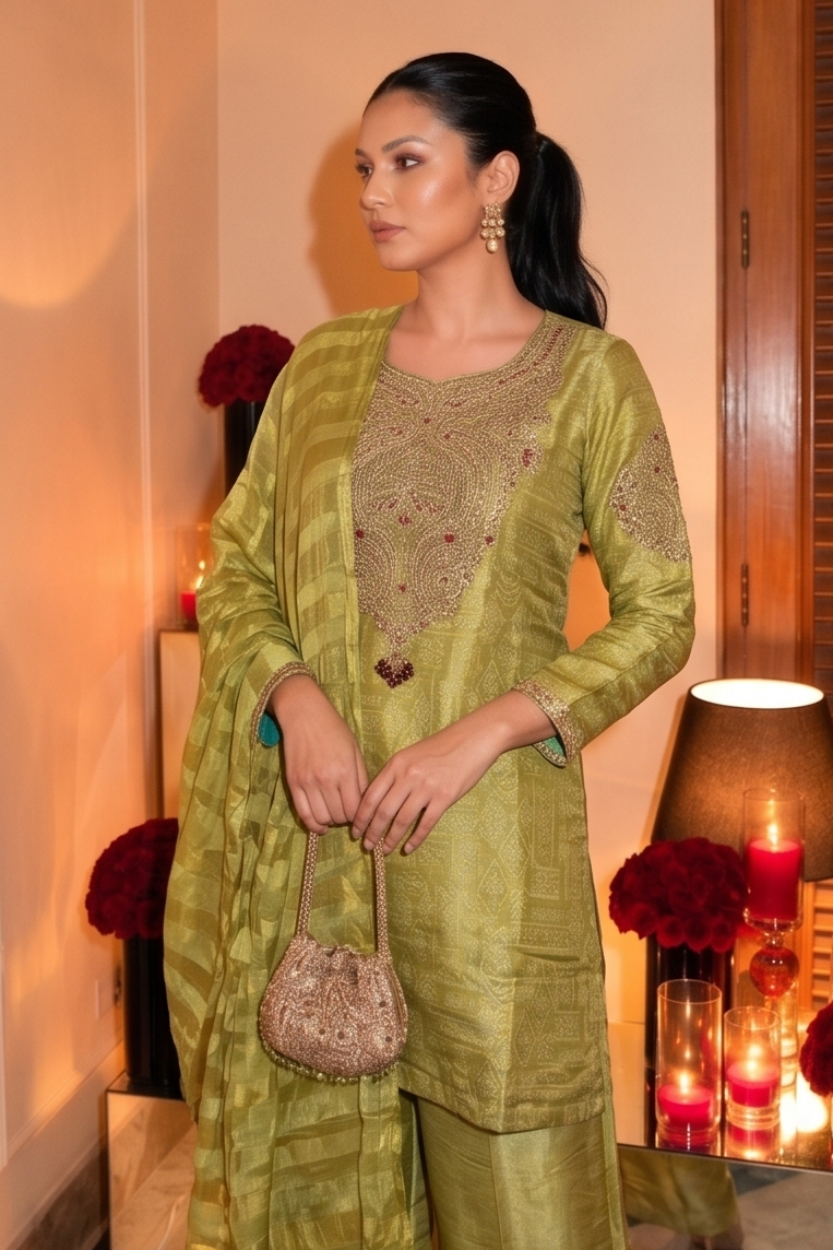 Light Green Embellished Shimmer Tissue Silk Palazzo Set