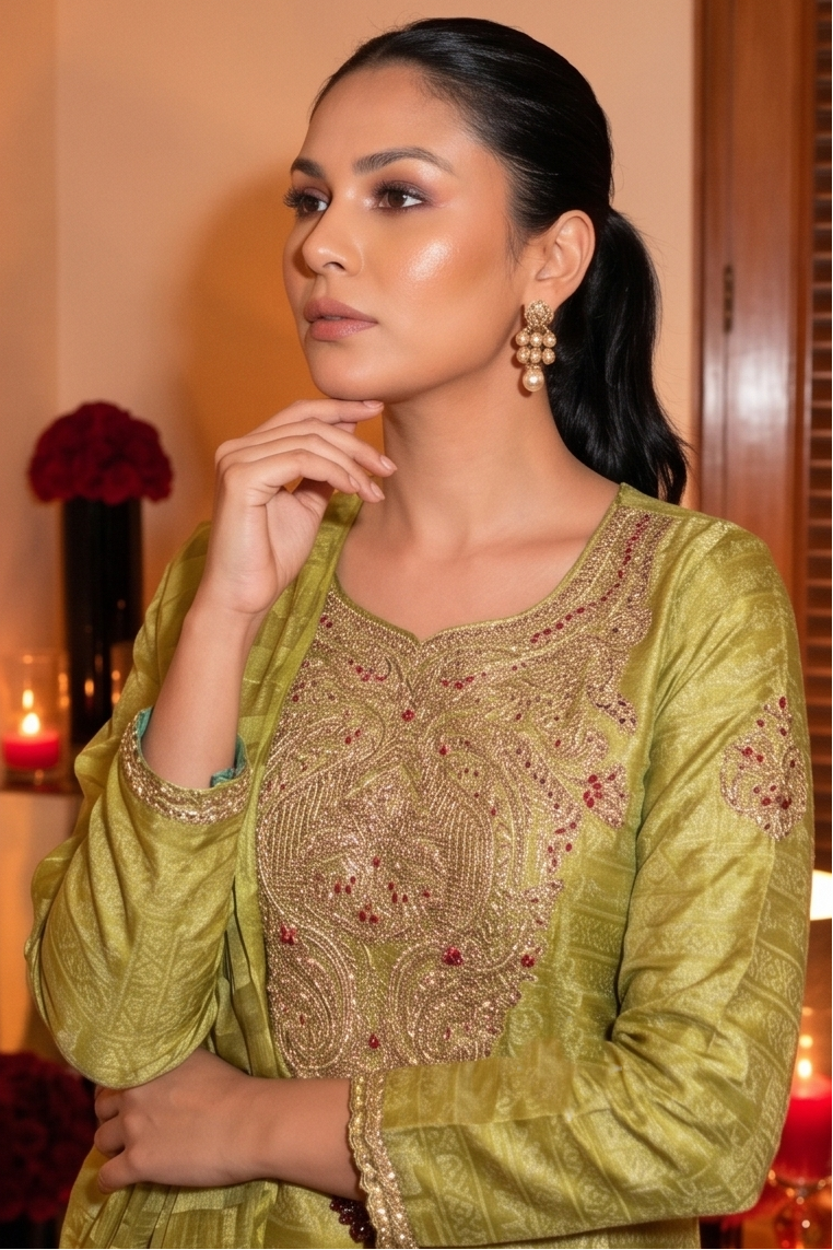 Light Green Embellished Shimmer Tissue Silk Palazzo Set