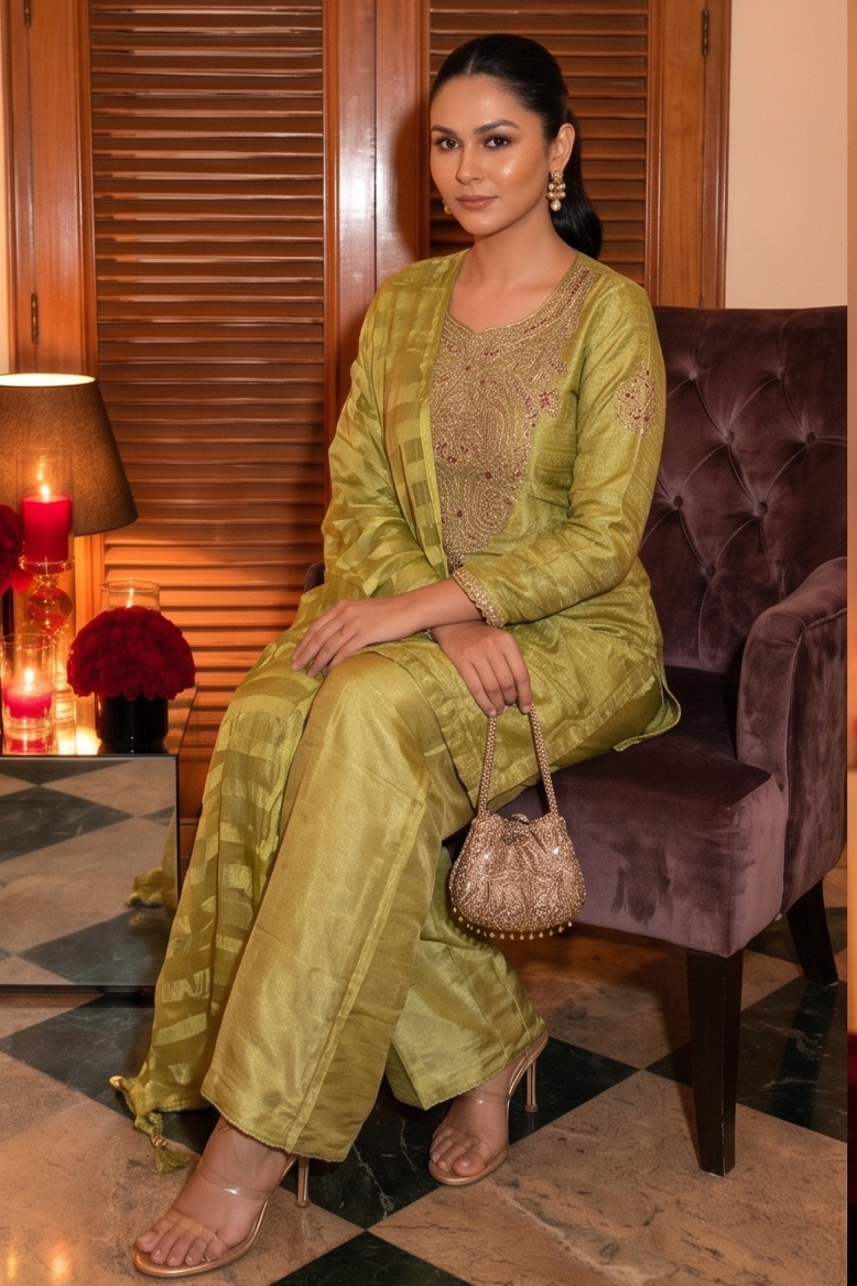 Light Green Embellished Shimmer Tissue Silk Palazzo Set