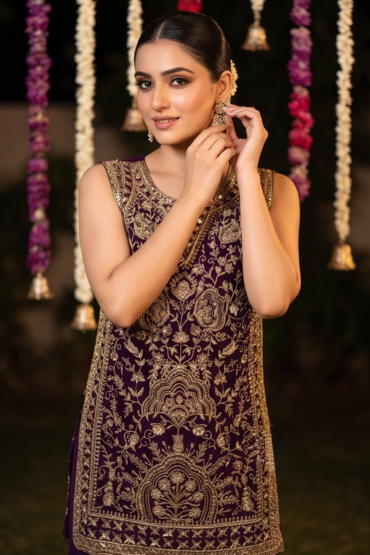 Deep Plum Purple Embellished Georgette Silk Palazzo Set