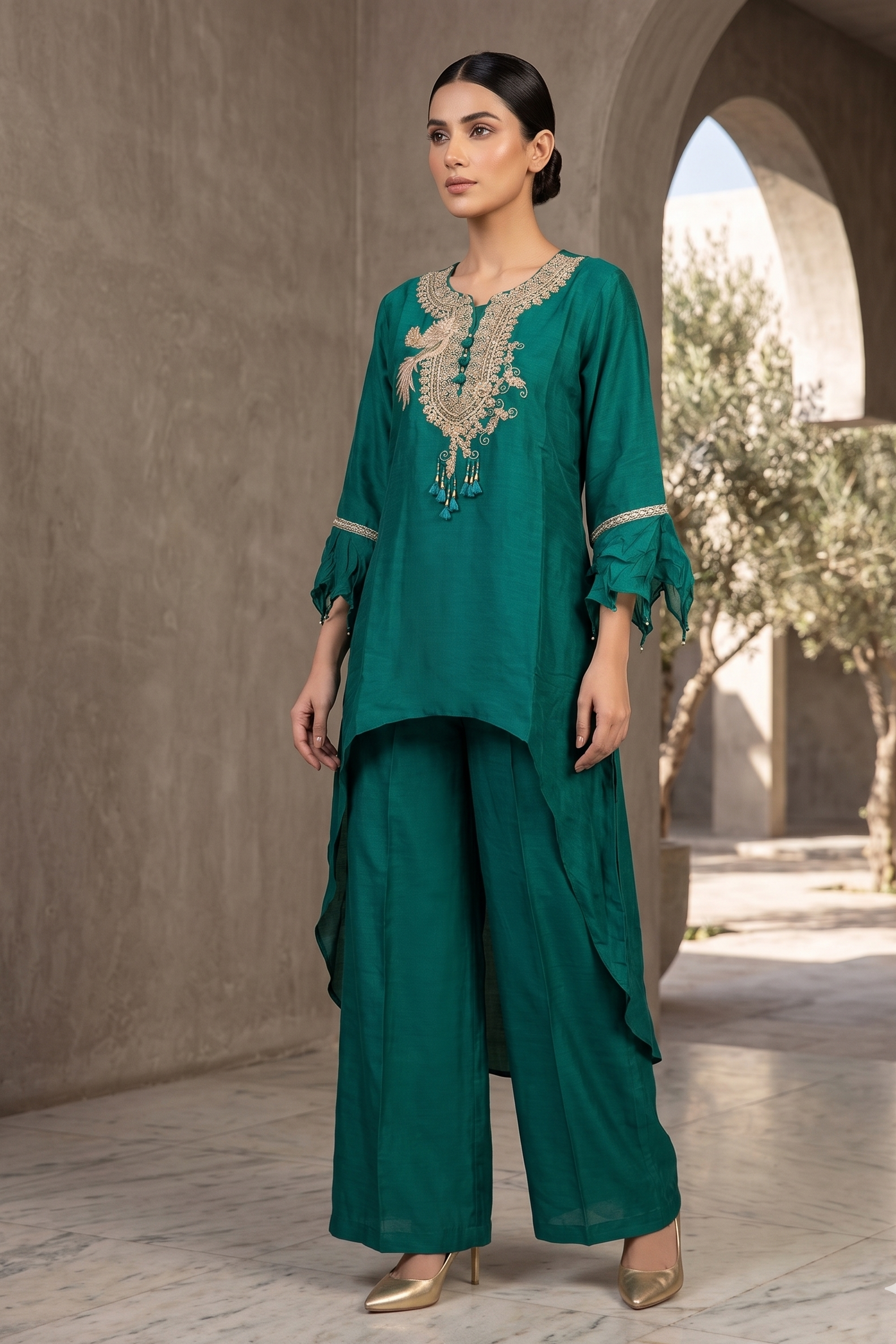 Bottle Green Embroidered Premium Silk Palazzo Set