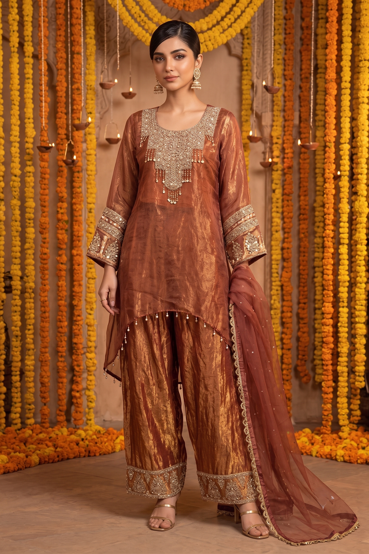 Rose Gold Embellished Jimmy Choo Silk Salwar Set