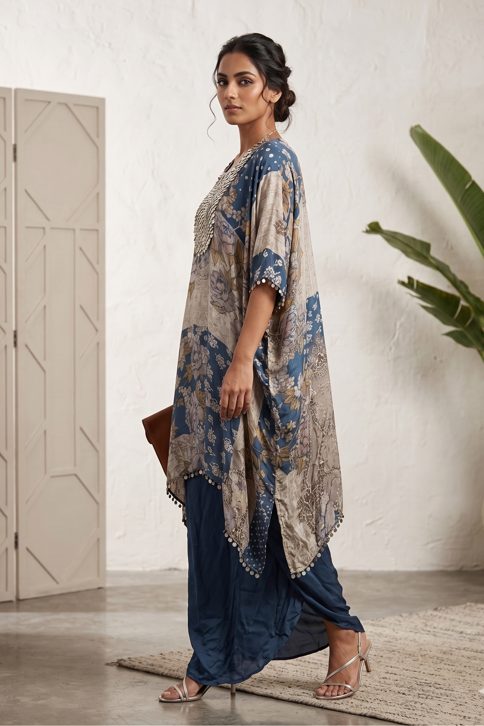 Dusty Blue Embellished Crepe Silk Skirt Set