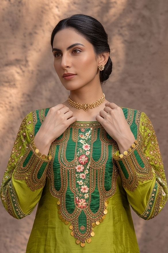 Herb Green Embellished Dola Silk Palazzo Set