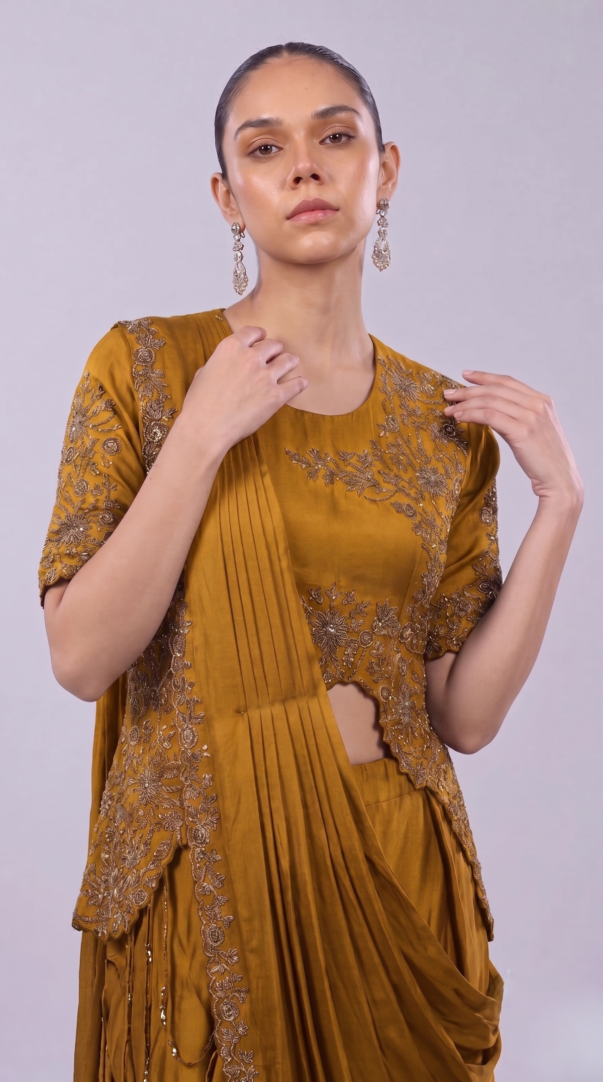 Mustard Yellow Embellished Satin Silk Draped Saree