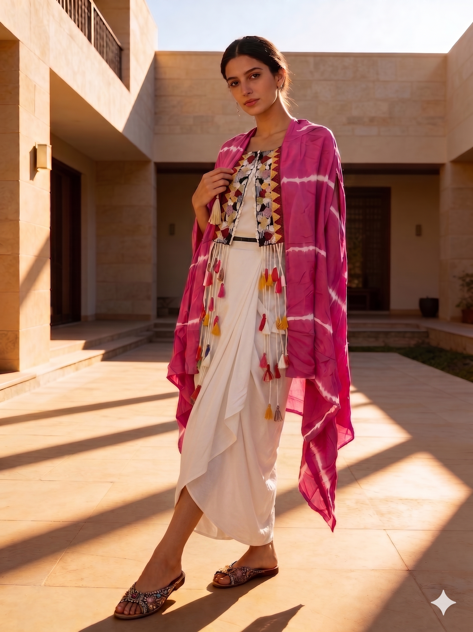 Pink and White Embellished Georgette Silk Skirt Set