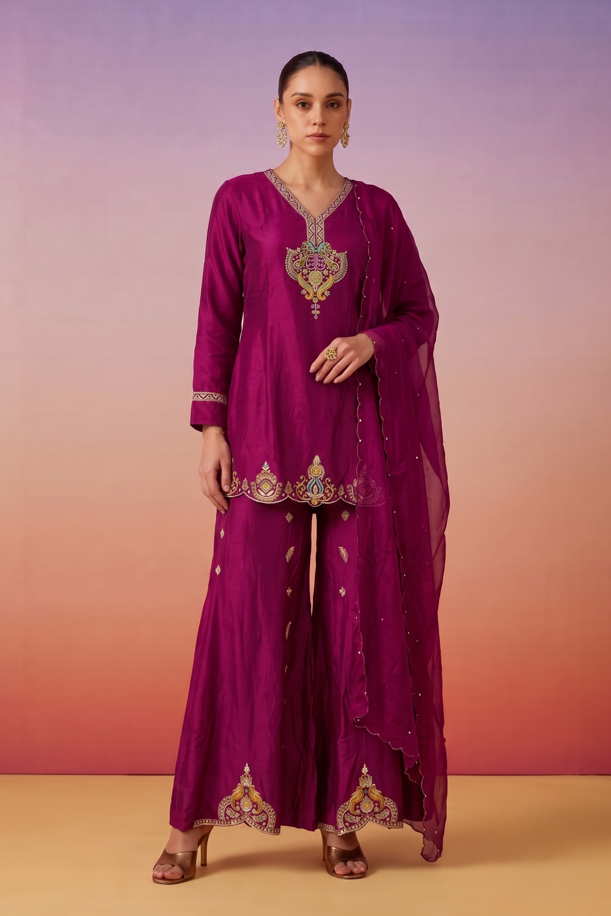 Deep Magenta Embellished Crepe Silk Palazzo Set