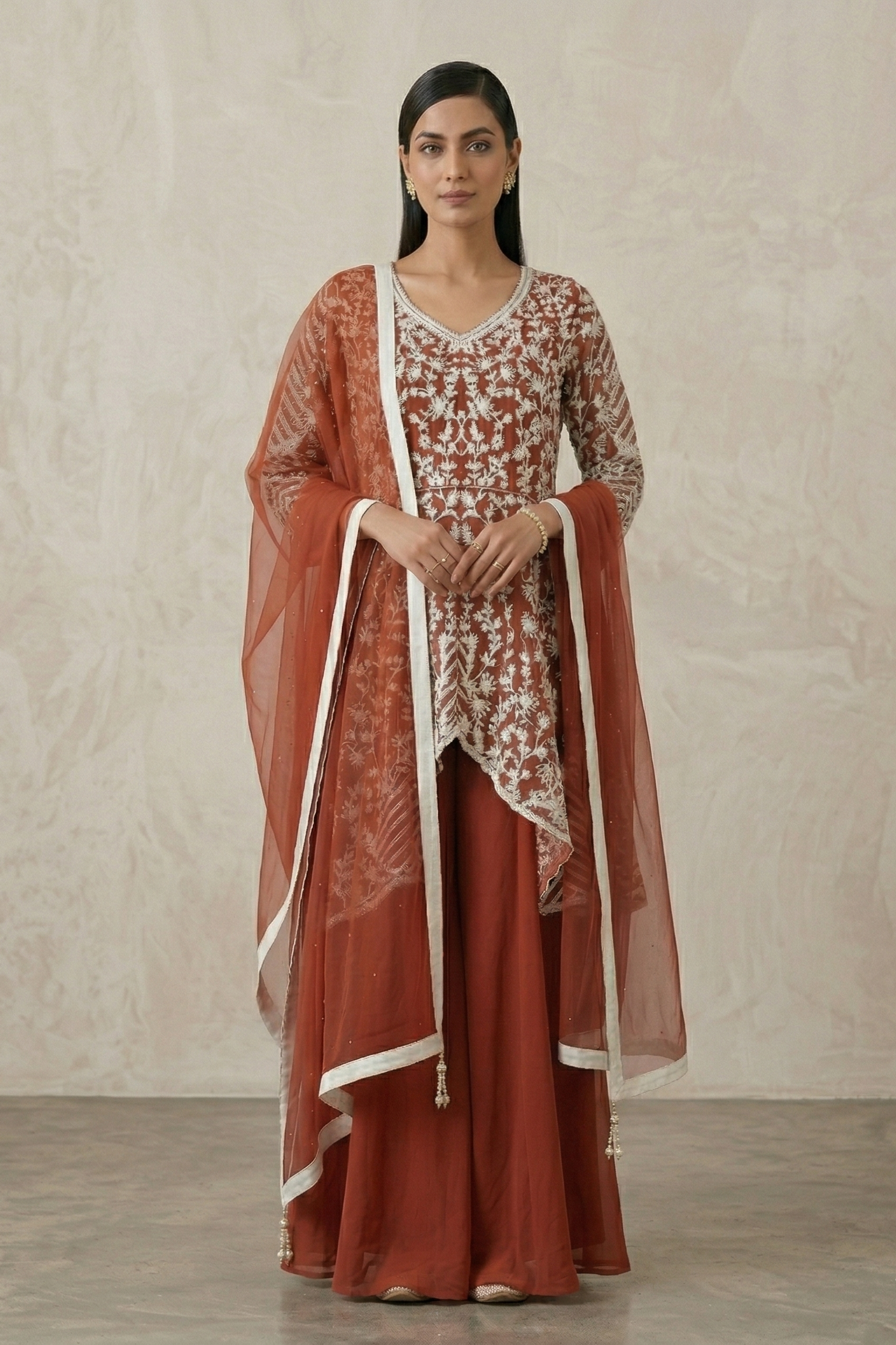 Terracotta Bloom Embellished Georgette Silk Palazzo Set