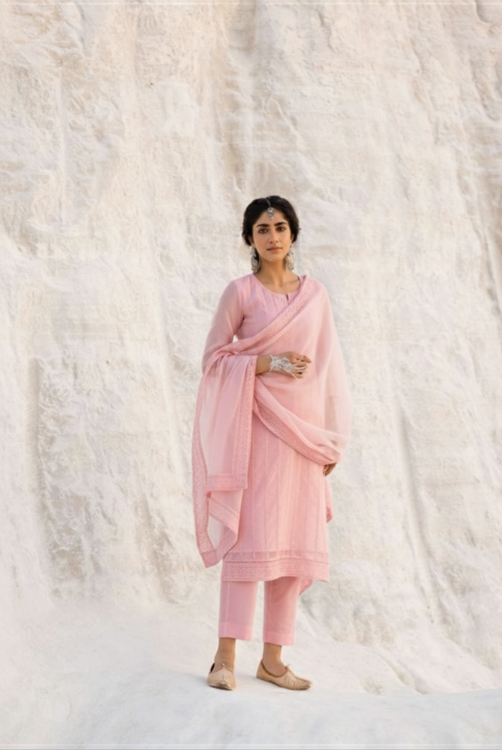 Blush Pink Chikankari Mul-Chanderi Silk Pant Set
