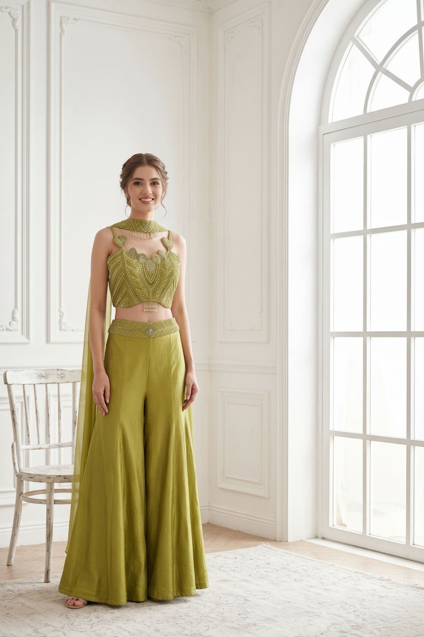Lime Pearl Embellished Premium Silk Palazzo Set