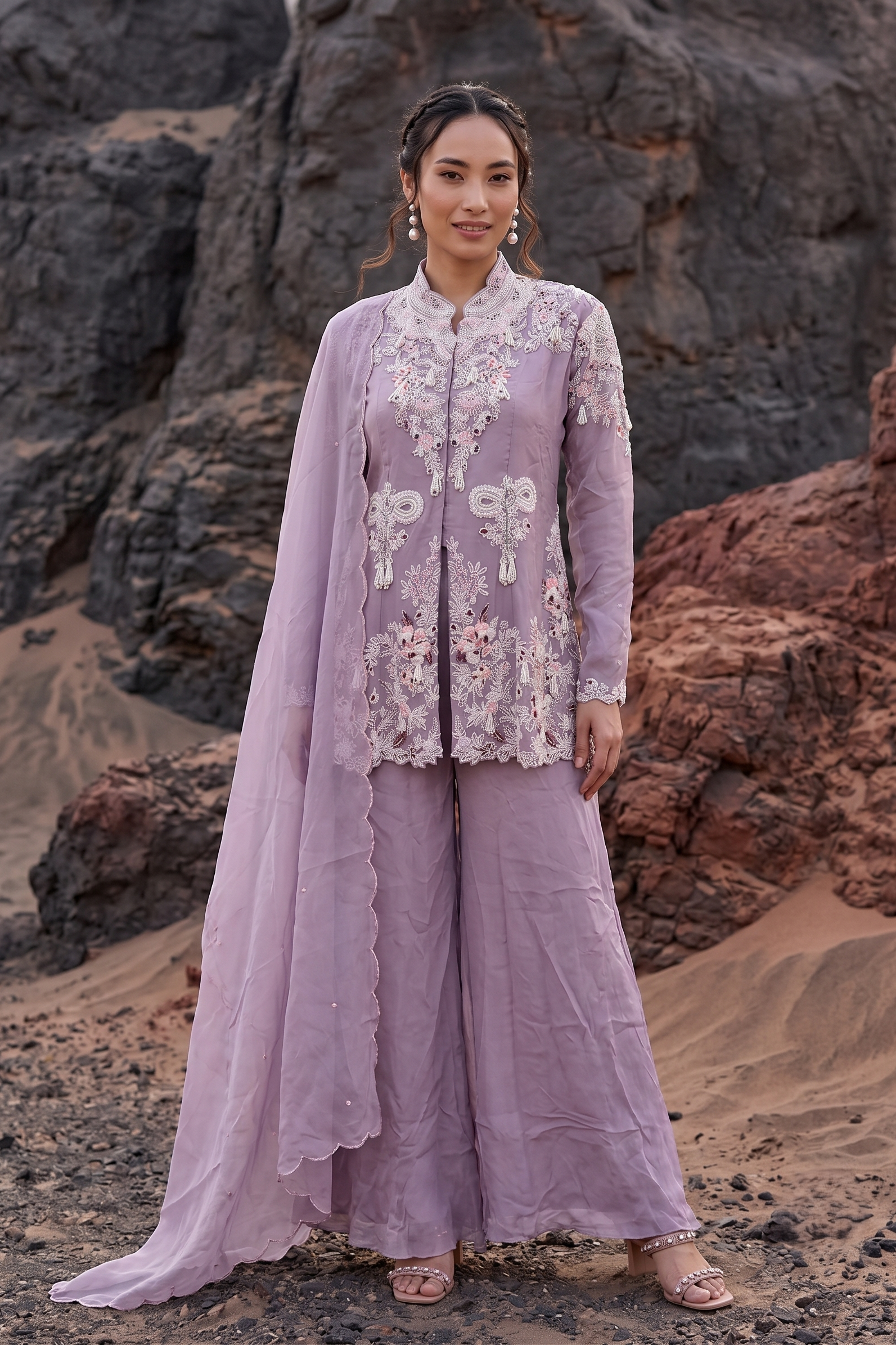 Lavender Embellished Organza Silk Palazzo Set