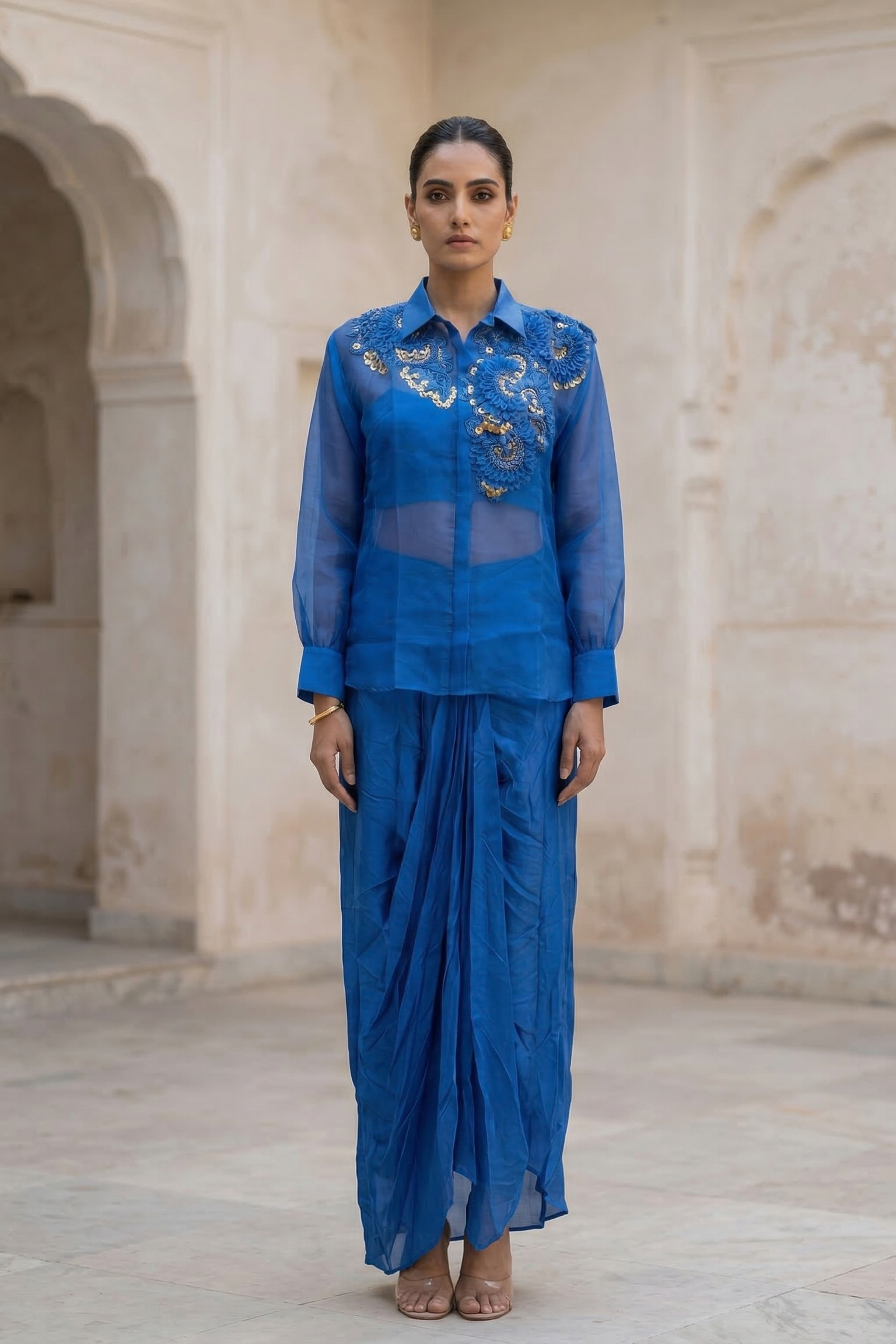 Cobalt Blue Embellished Organza Silk Jacket Skirt Set