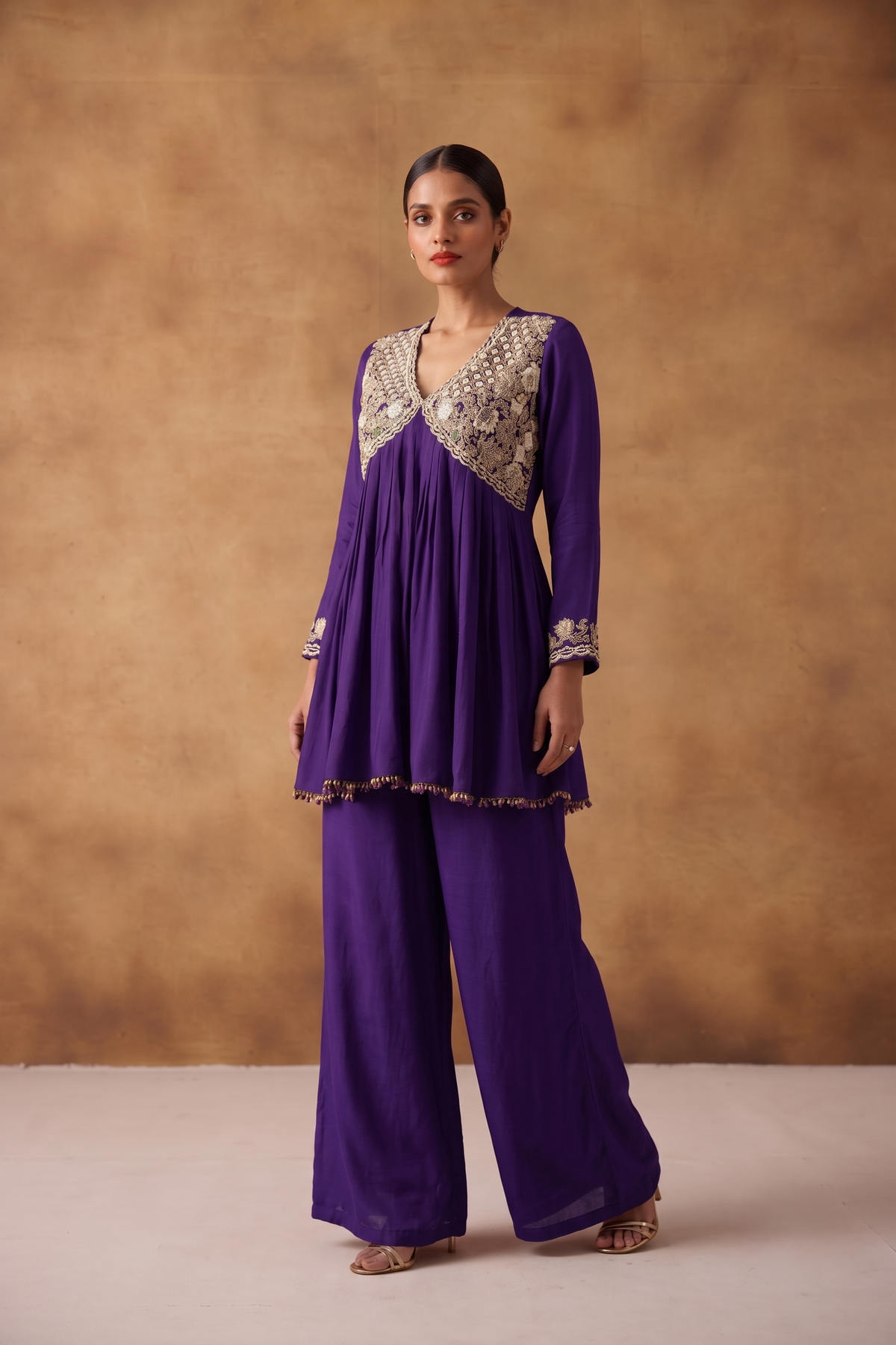 Deep Violet Embellished Chinon Silk Palazzo Set