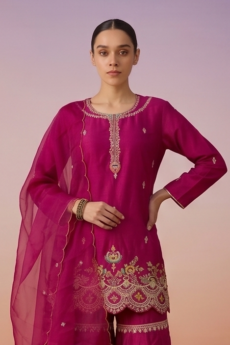 Vintage Rose Embellished Crepe Silk Sharara Set