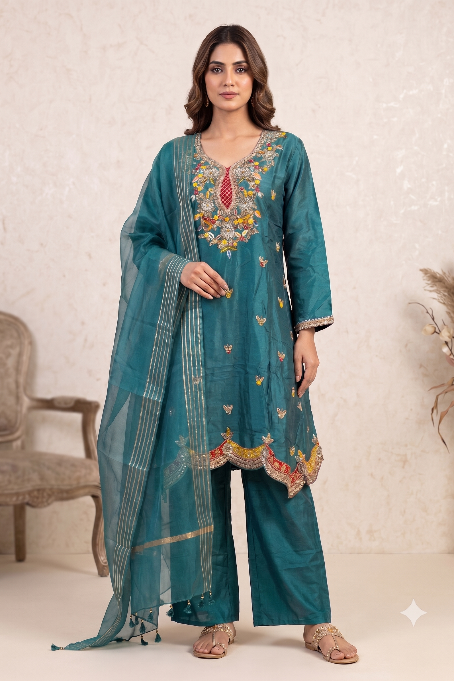 Teal Majesty Embellished Raw Silk Pant Set
