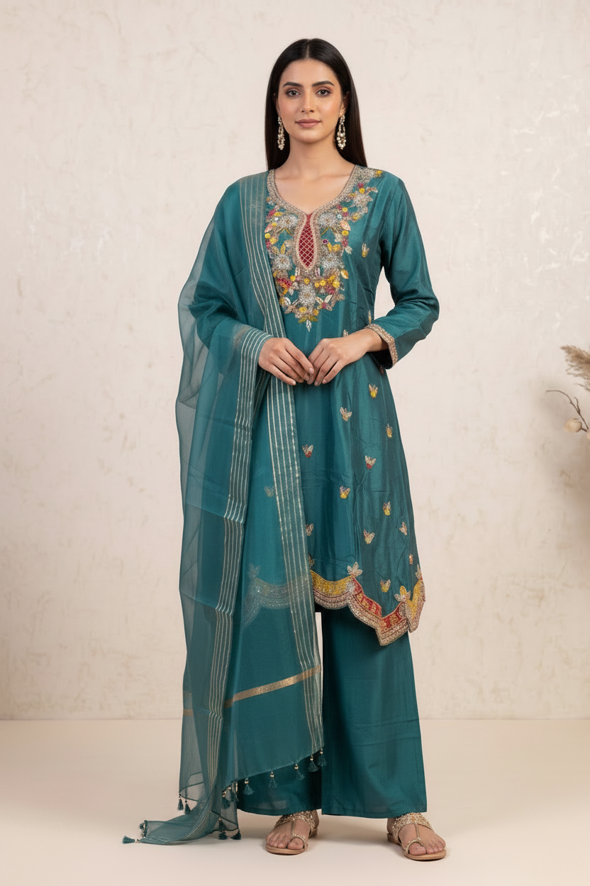 Teal Majesty Embellished Raw Silk Pant Set