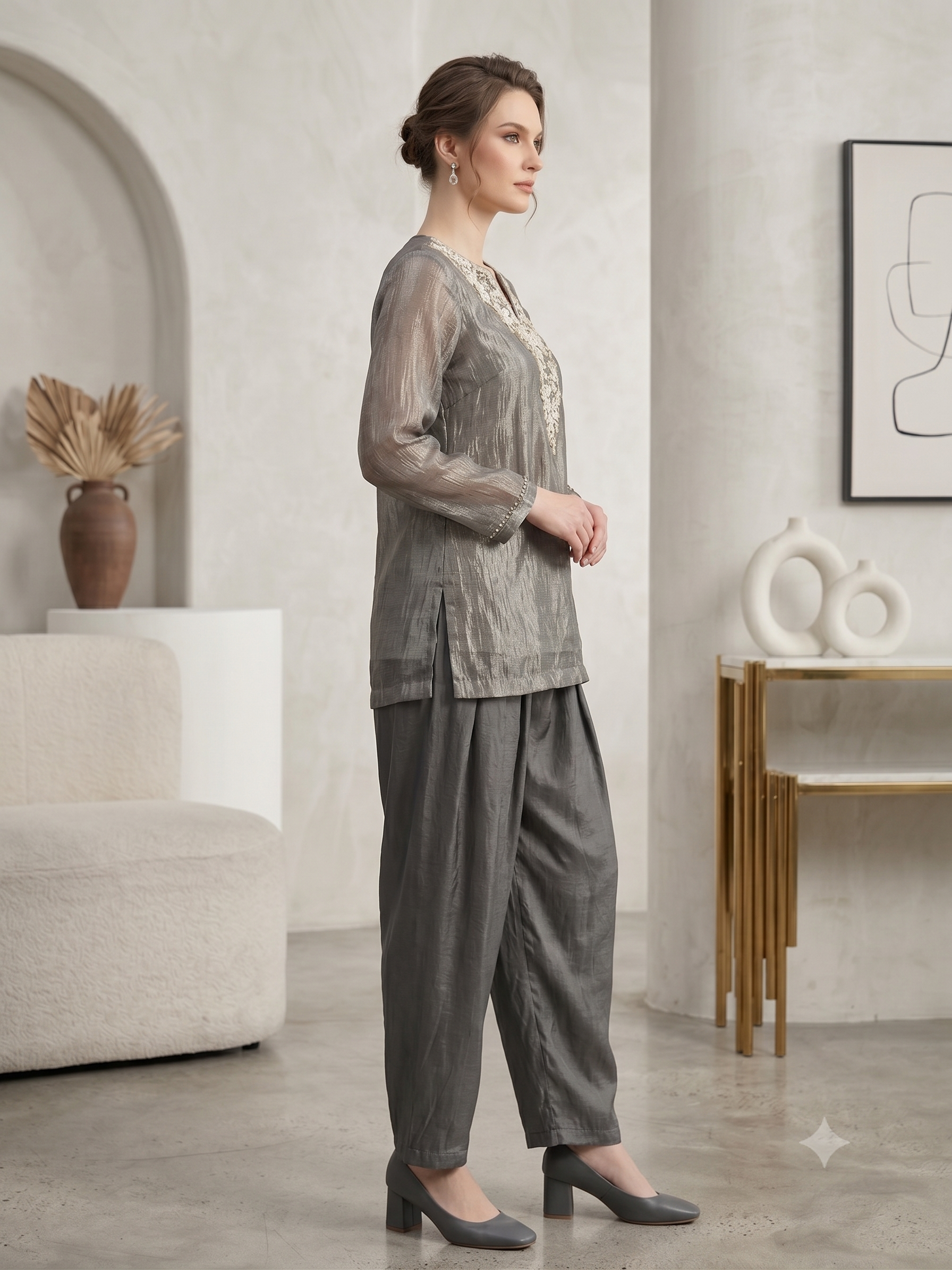 Metallic Silver Grey Shimmer Tissue Silk Co-Ord Set