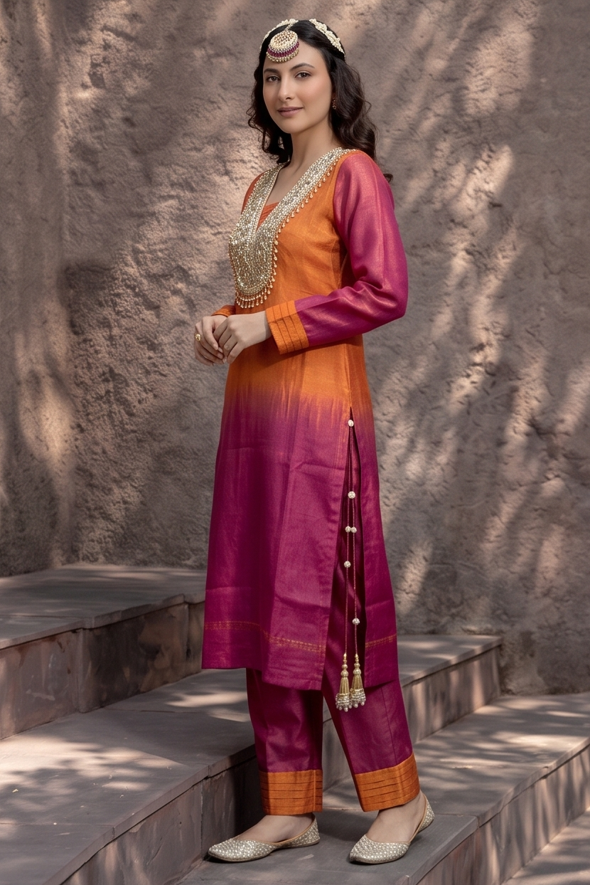 Vibrant Orange & Pink Ombre Shimmer Silk Kurta Set