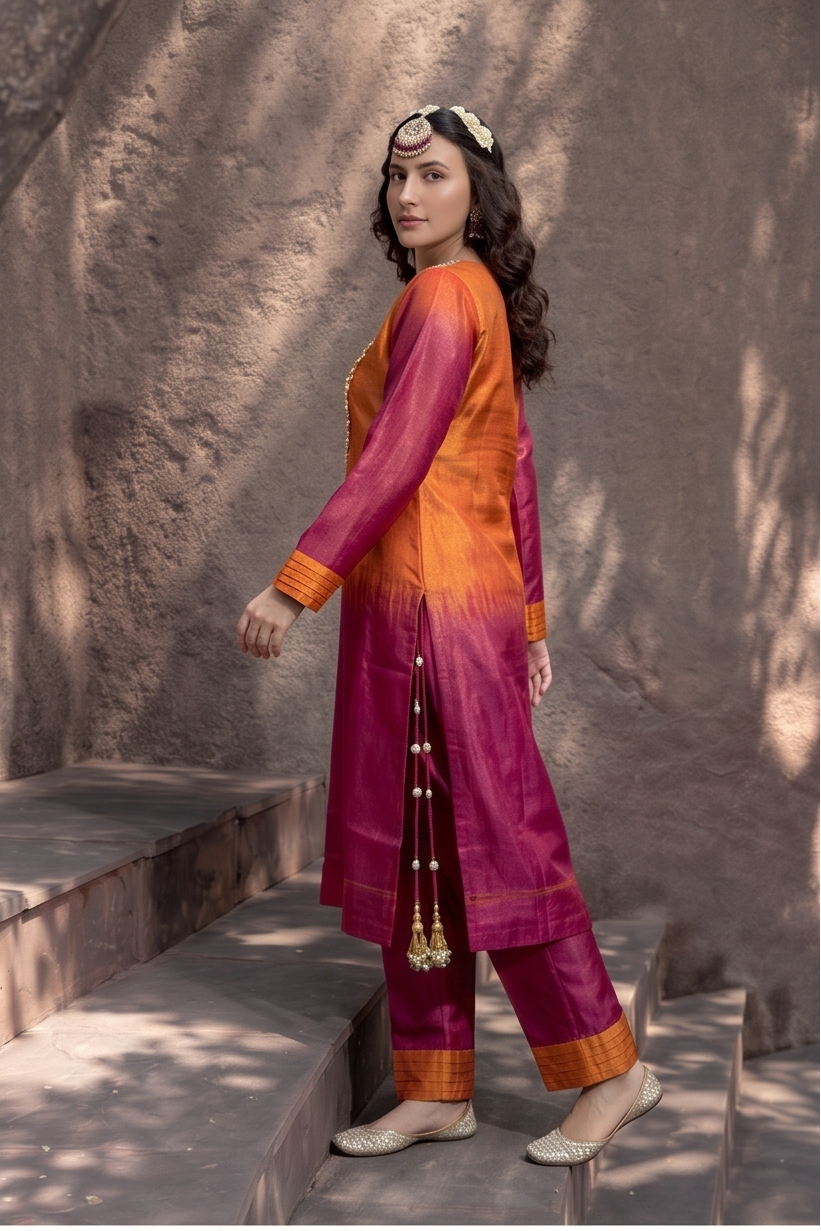 Vibrant Orange & Pink Ombre Shimmer Silk Kurta Set