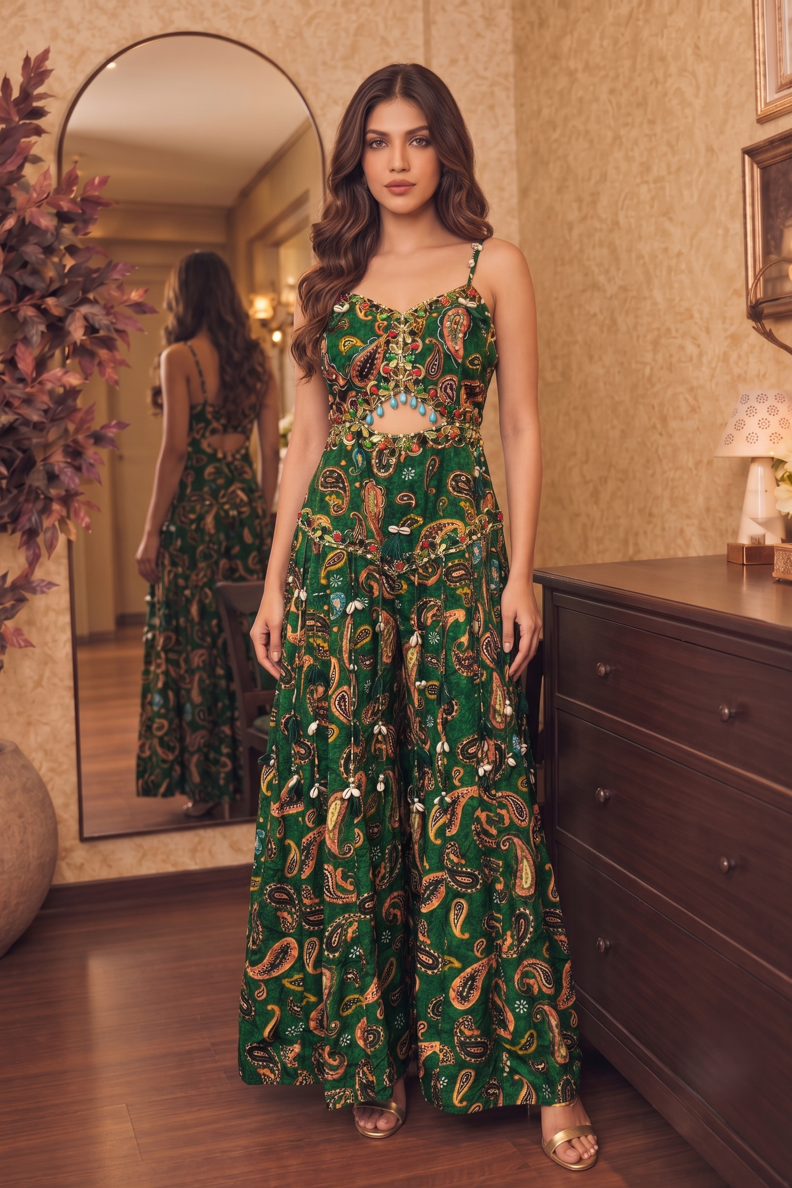 Emerald Green Embroidered Crepe Silk Jumpsuit