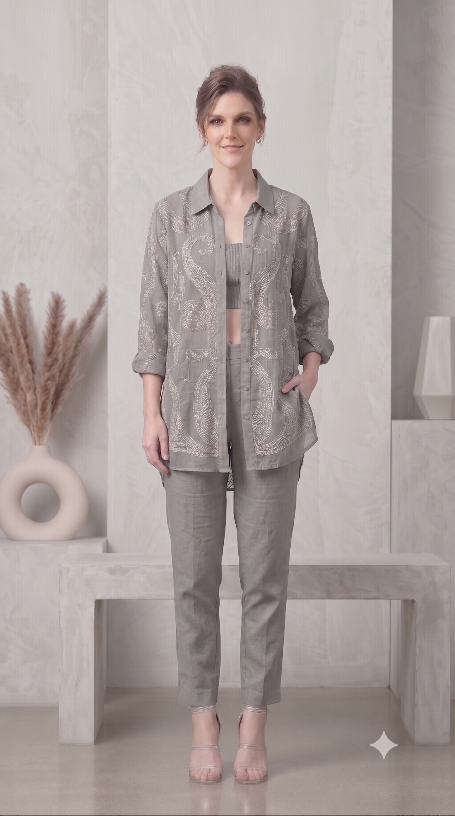 Grey Mist Embroidered Organza Silk Co-Ord Set