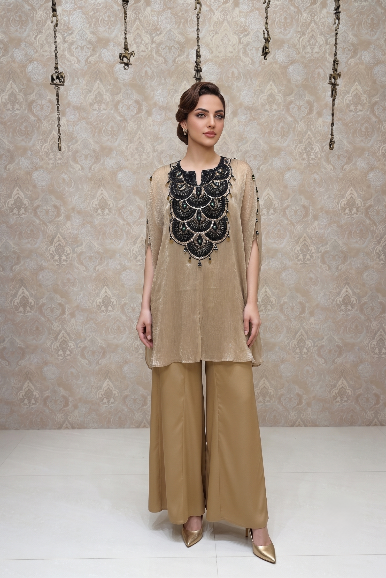 Metallic Beige Embellished Tissue Silk Palazzo Set