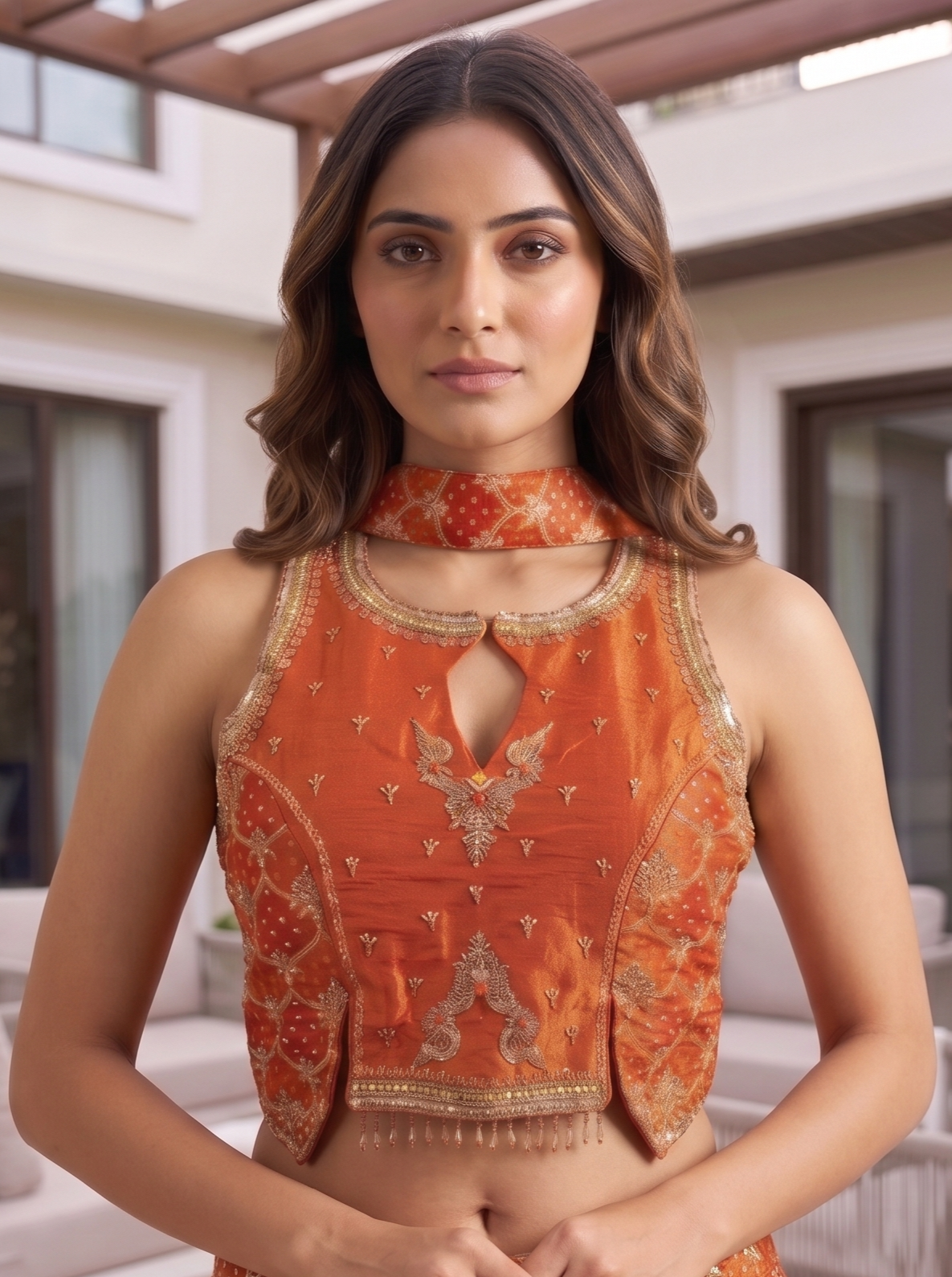 Rust Orange Embellished Crepe Silk Palazzo Set