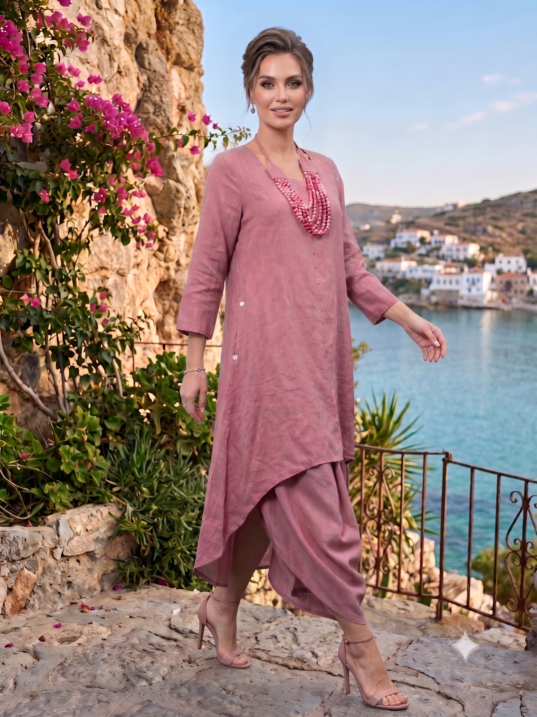 Dusty Rose Asymmetric Draped Cotton Dress