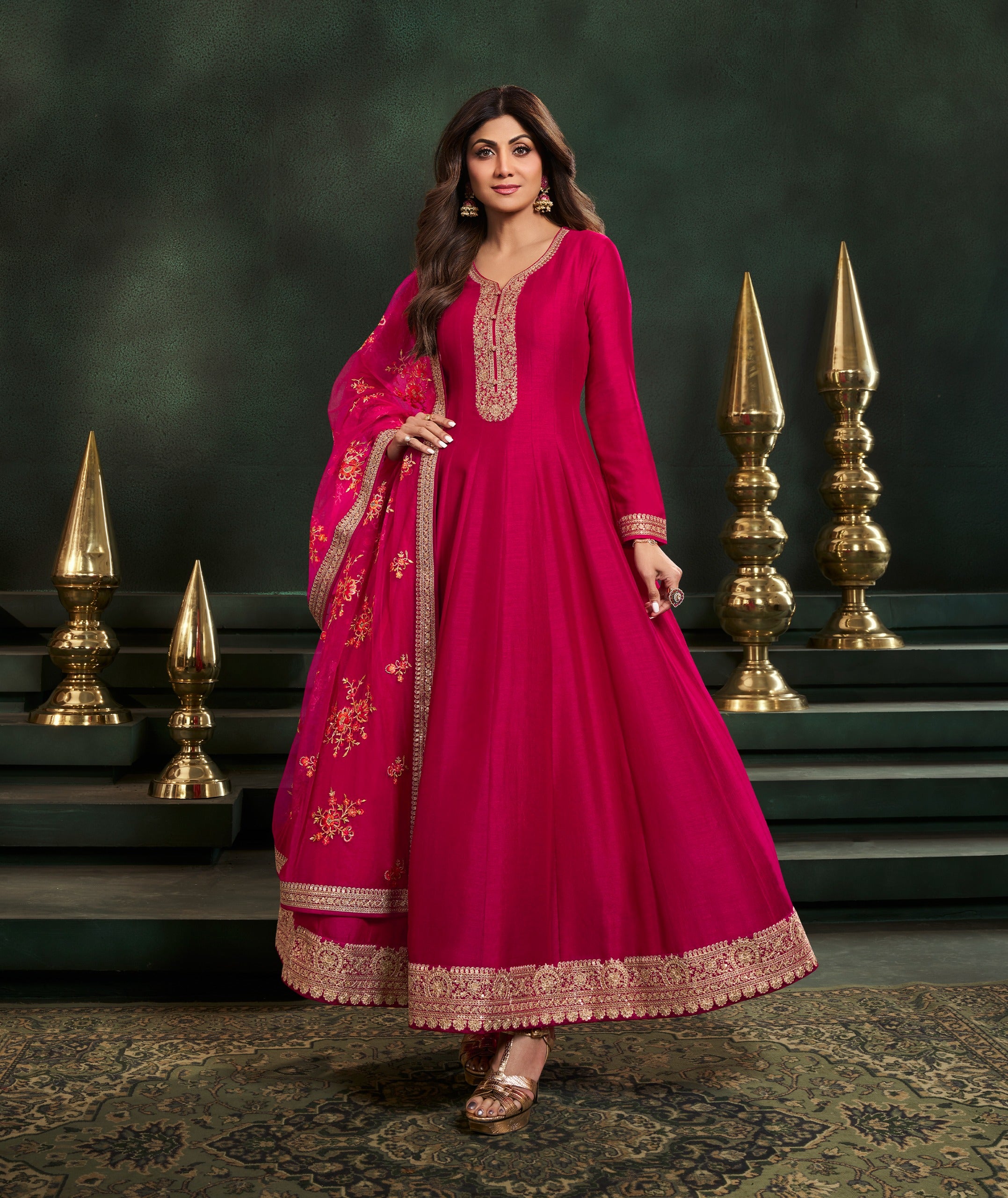 Magenta Pink Embellished Chinon Silk Anarkali Set