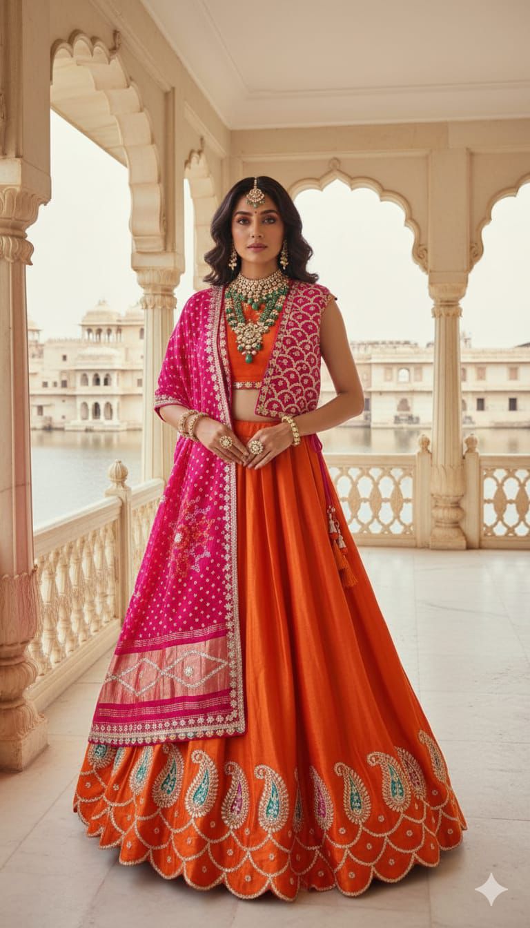 Orange Embroidered Lehenga Set with Pink Dupatta