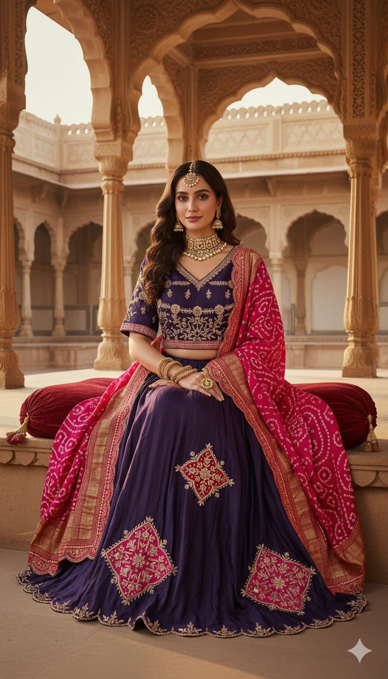 Deep Purple Embroidered Lehenga Set with Pink Dupatta