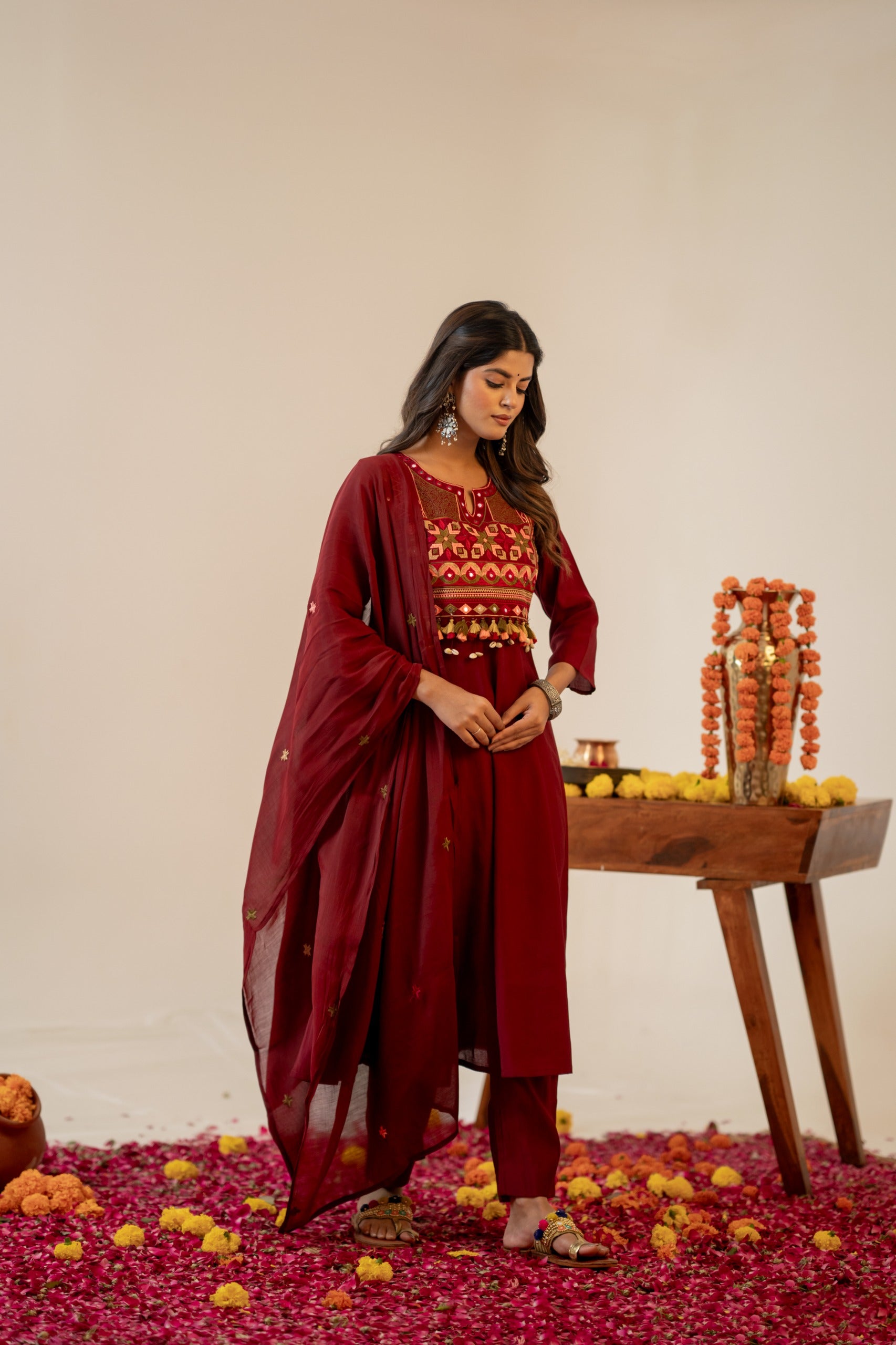Maroon Mirror Embroidered Bemberg Muslin Kurta Set