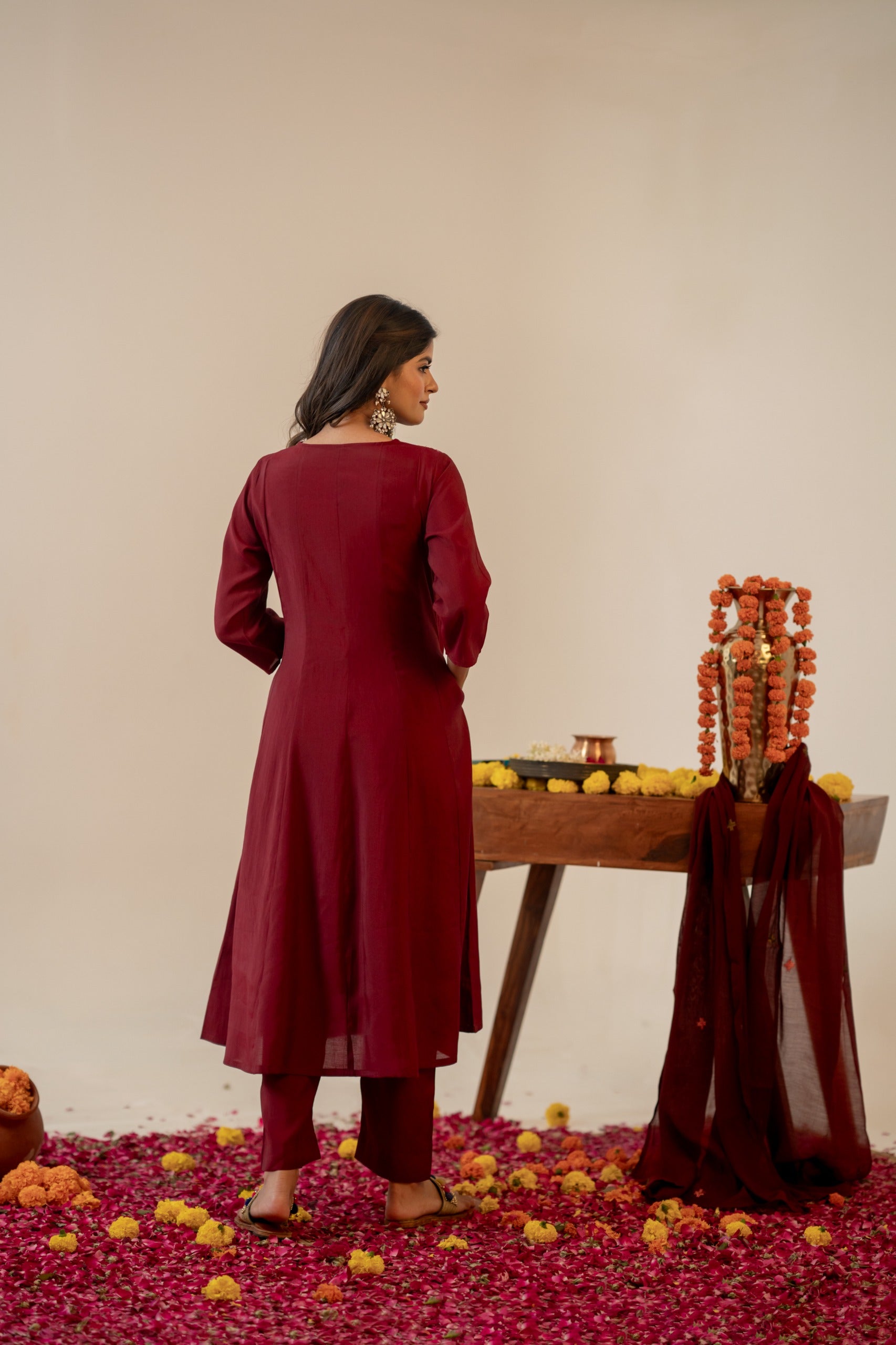 Maroon Mirror Embroidered Bemberg Muslin Kurta Set