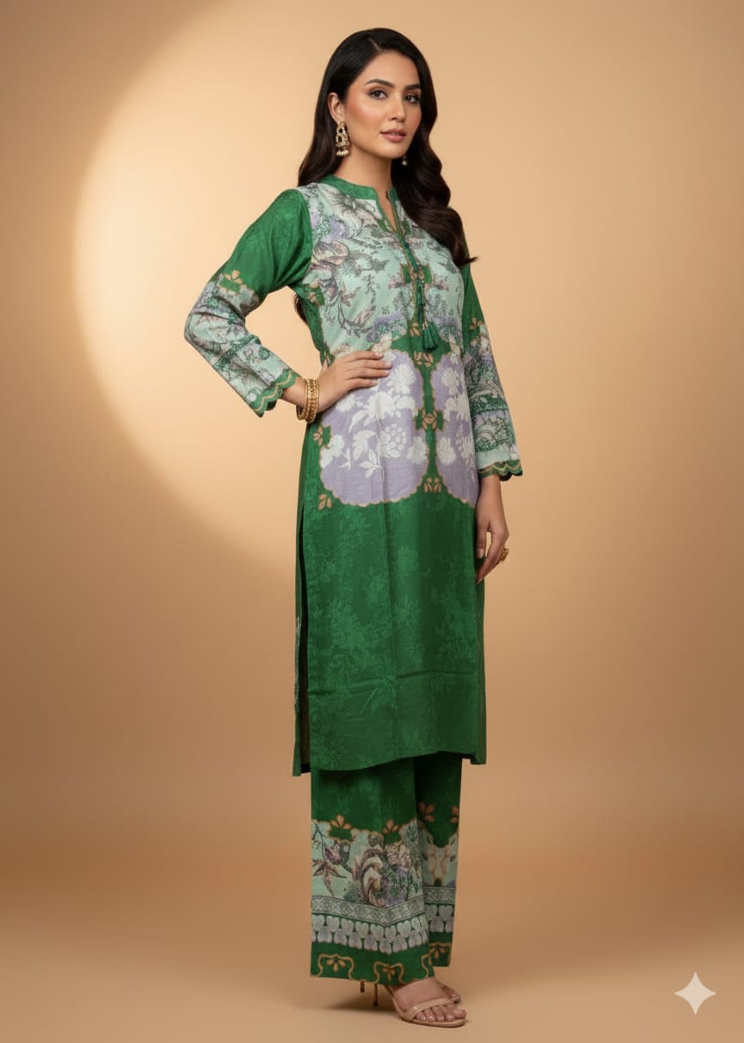 Forest Green Printed Muslin Silk Kurta Set