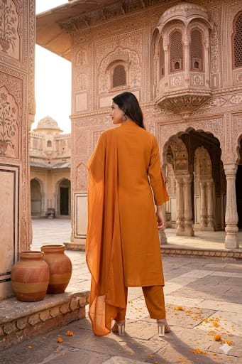 Mustard Orange Mul Chanderi Silk Pant Set