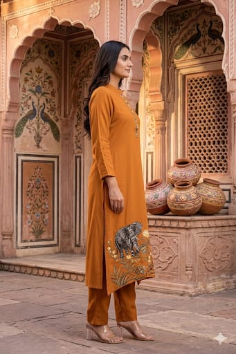 Mustard Orange Mul Chanderi Silk Pant Set