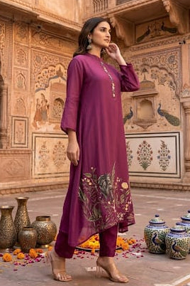 Deep Magenta Mul Chanderi Silk Pant Set