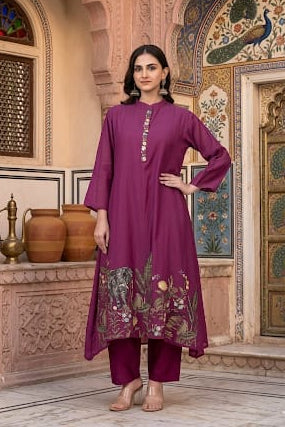 Deep Magenta Mul Chanderi Silk Pant Set